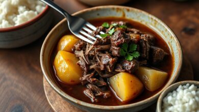 Carne cozida e desfiada em pedaços, acompanhada de batatas inteiras e macias, coberta por um caldo escuro e brilhante.