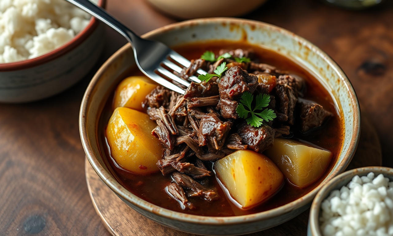 Carne cozida e desfiada em pedaços, acompanhada de batatas inteiras e macias, coberta por um caldo escuro e brilhante.