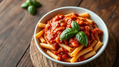 Quanto Macarrão Por Pessoa: Tabela Fácil Para Acertar Sem Erro 7 Uma tigela de macarrão penne com molho vermelho e manjericão, ilustrando a medida ideal para uma pessoa.