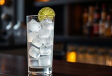 Um copo alto e elegante com Porto Tónico, a bebida refrescante feita com Vinho do Porto branco seco e água tônica, perfeitamente gelado e decorado com uma rodela de lima.