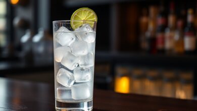 Um copo alto e elegante com Porto Tónico, a bebida refrescante feita com Vinho do Porto branco seco e água tônica, perfeitamente gelado e decorado com uma rodela de lima.