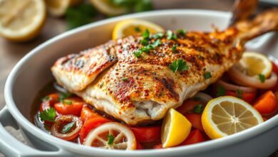 Postas de cação douradas e macias sobre cama de tomate e cebola, finalizadas com salsinha fresca e limão, prontas para servir