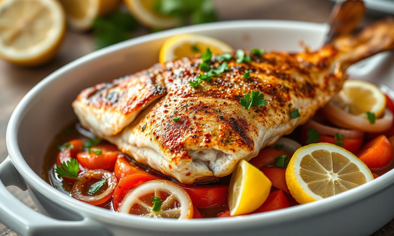 Posta De Cação No Forno Macia E Dourada Em 35 Minutos 3 Postas de cação douradas e macias sobre cama de tomate e cebola, finalizadas com salsinha fresca e limão, prontas para servir