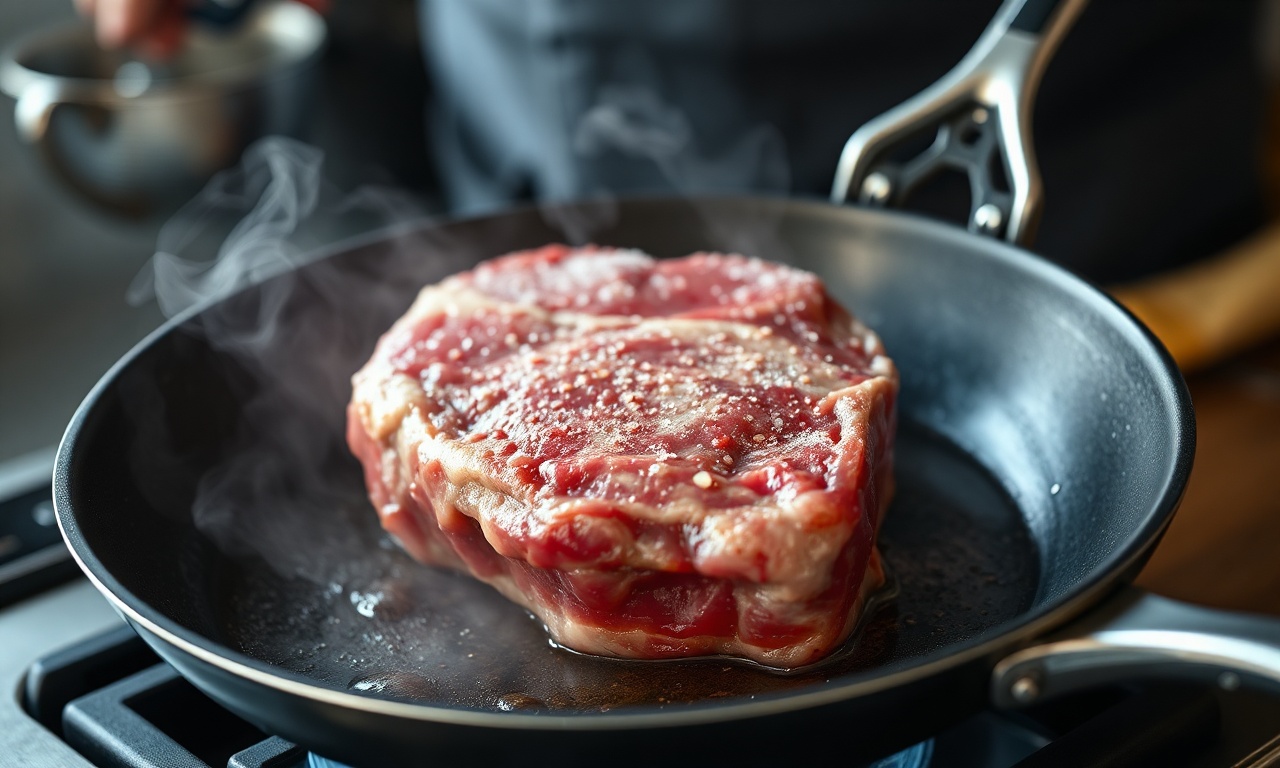A etapa principal: a carne congelada sendo colocada no fundo quente da panela.