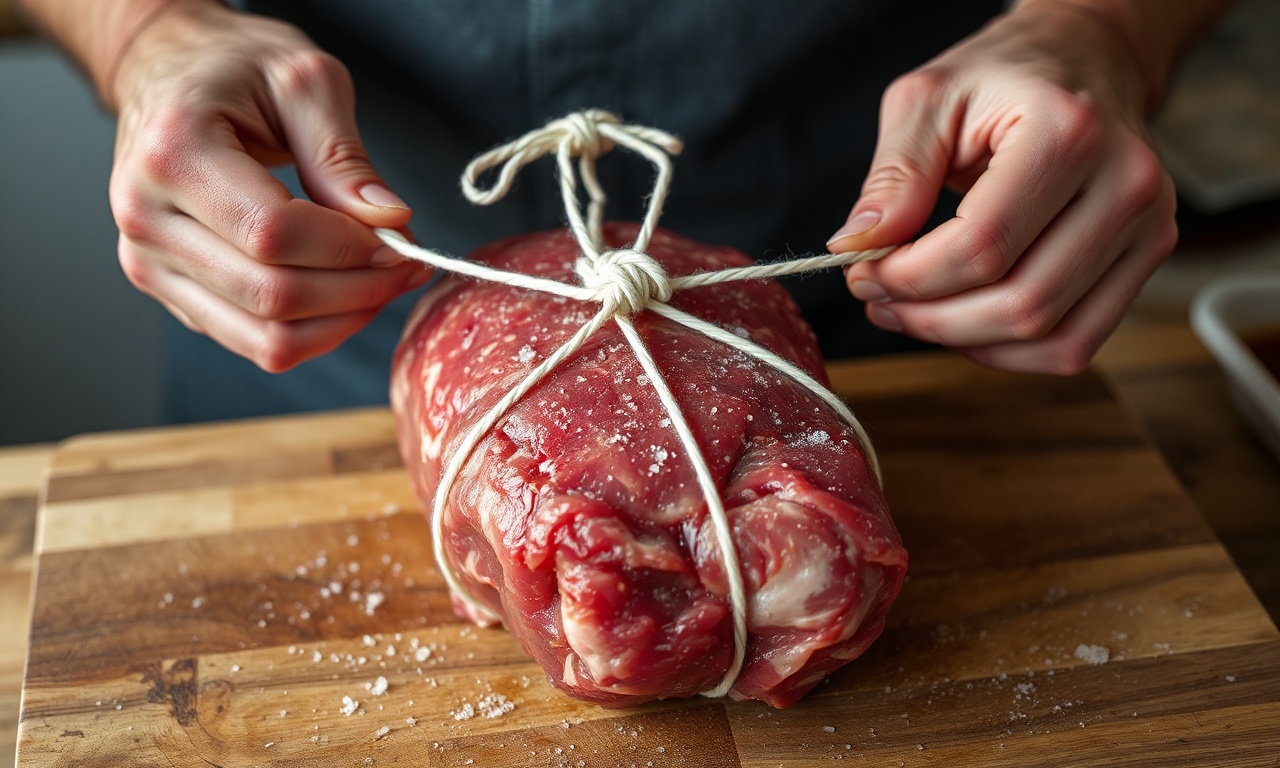 O momento crucial de amarrar a carne com o barbante.