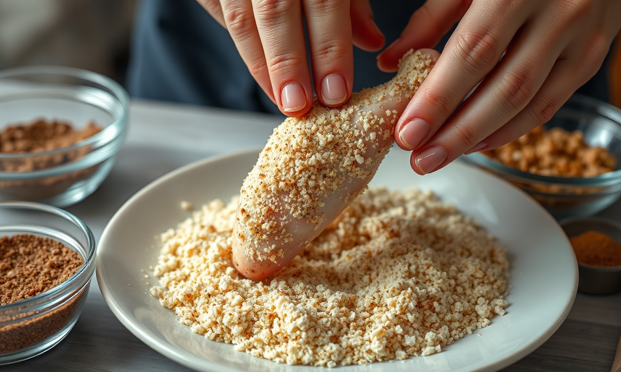 O momento de empanar as asas na farinha panko antes de ir ao forno.