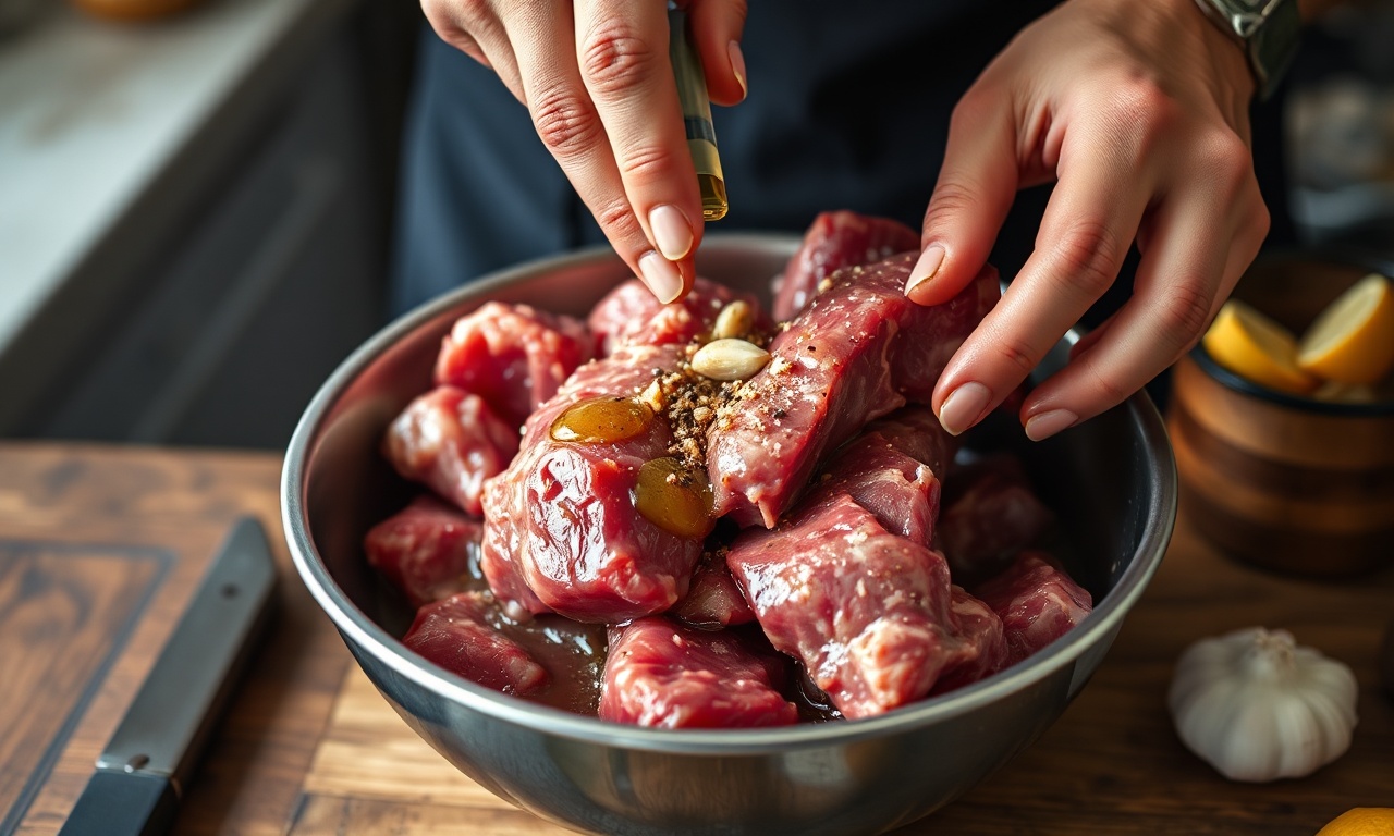 O momento de temperar e massagear a carne.