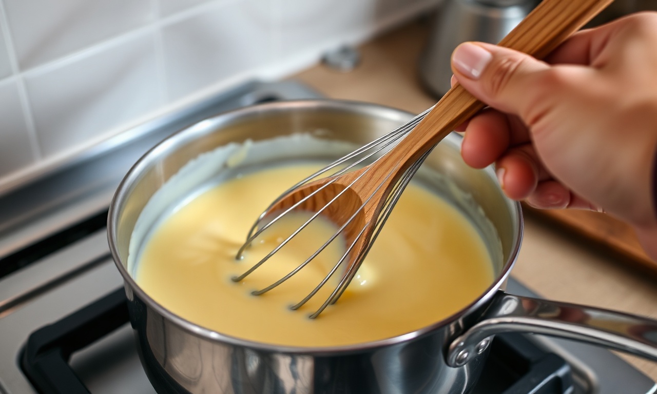 Momento de cozinhar a mistura de gemas e leite na panela.
