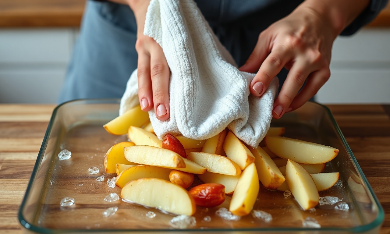 Batata Outback Caseira: Crocante Por Fora, Cremosa Por Dentro 5 Gomos de batata sendo secos com pano de prato após a imersão em água gelada.