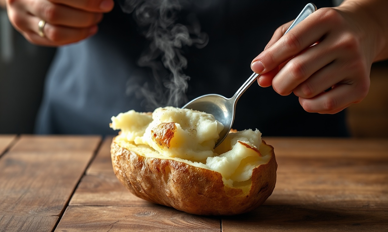 O momento de escavar a batata assada para criar o recheio.