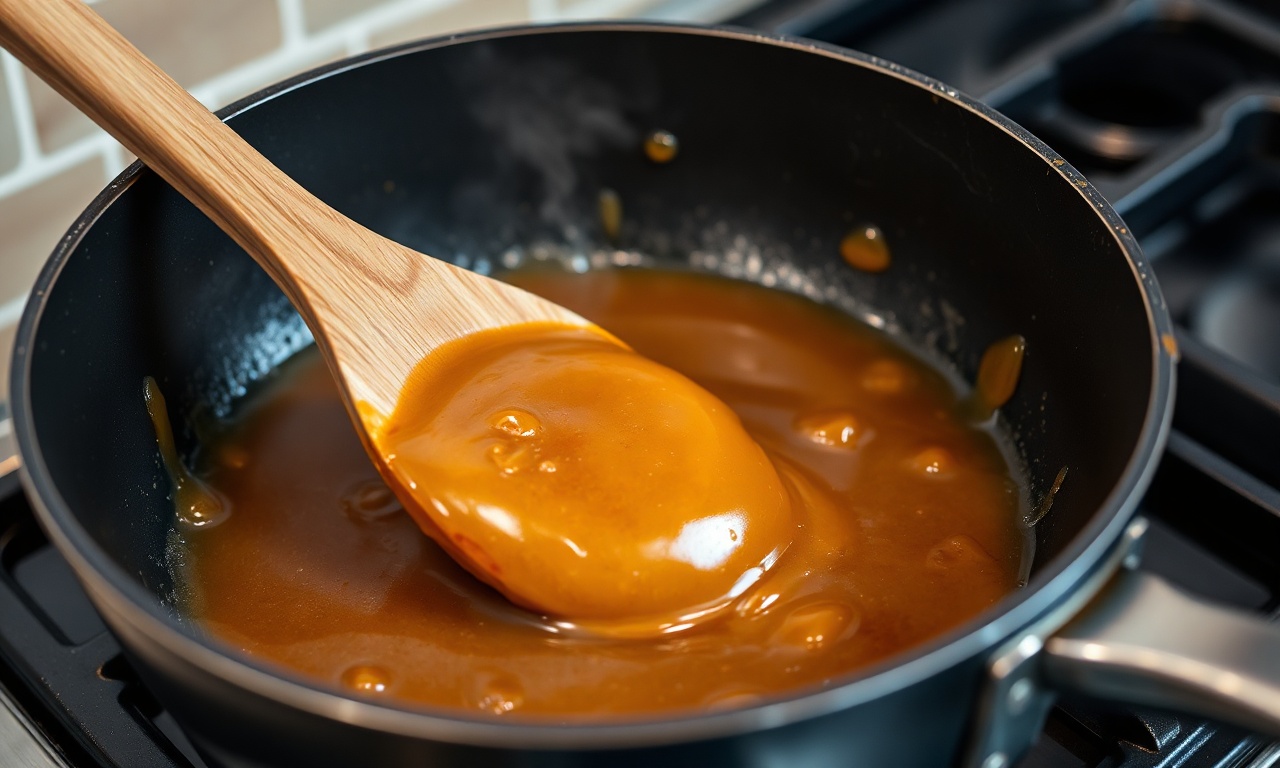 O momento crucial de caramelizar o açúcar na panela.