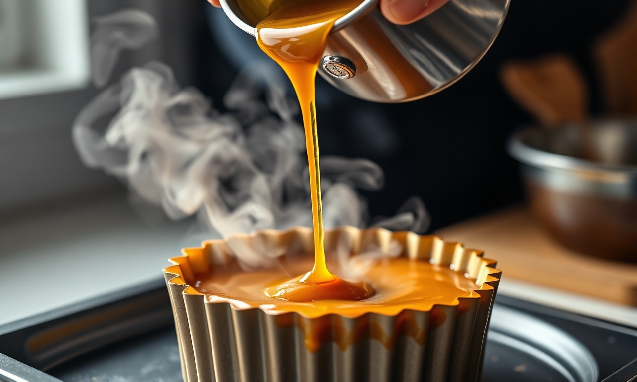 Caramelo dourado sendo despejado na forma antes de adicionar o creme.