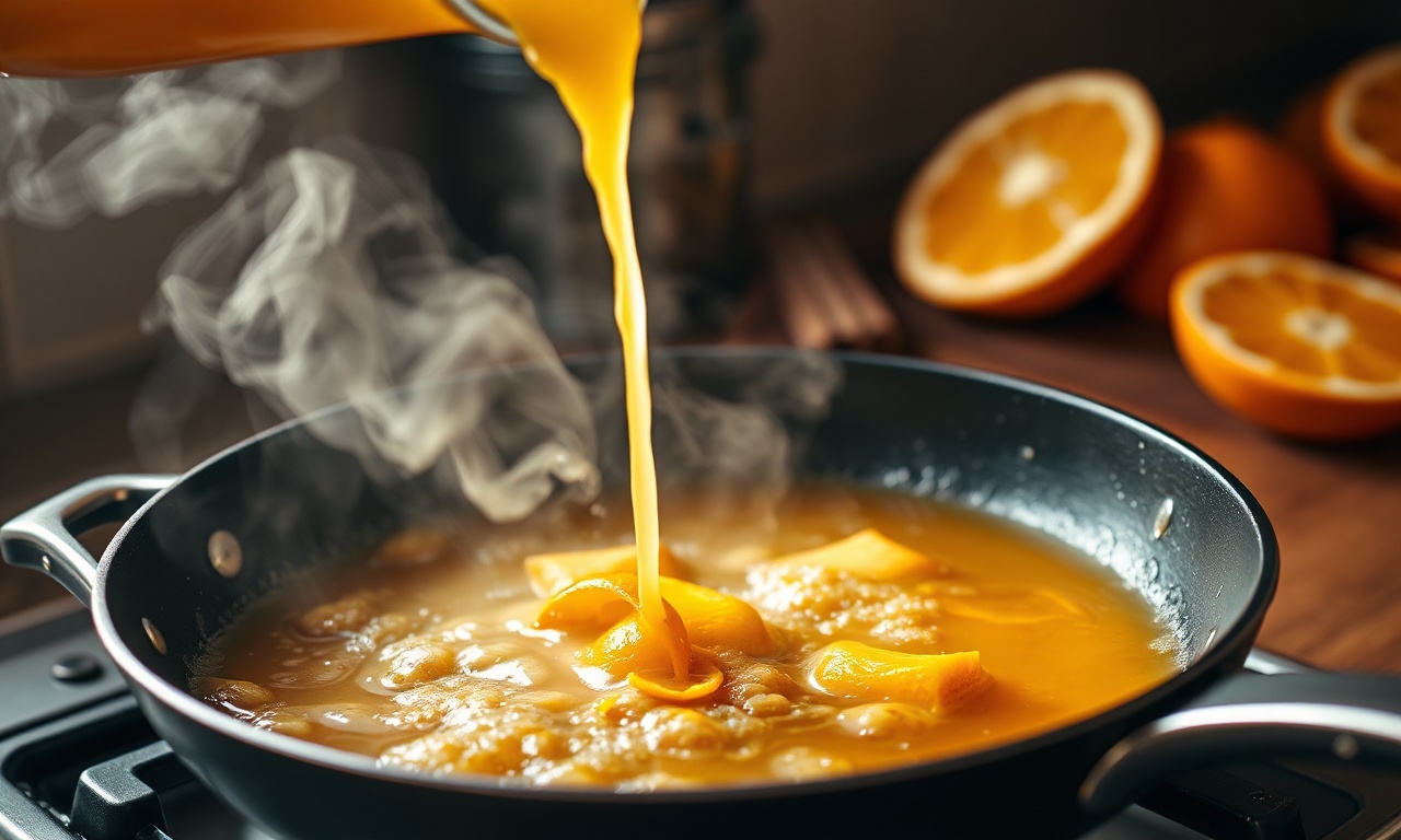 Manteiga derretida com açúcar caramelizando na frigideira, com suco de laranja sendo adicionado.