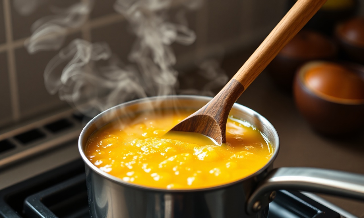 Calda De Maracujá: Fácil, Rápida Com 3 Ingredientes Só 5 A calda borbulhando na panela enquanto é mexida com uma colher de pau.