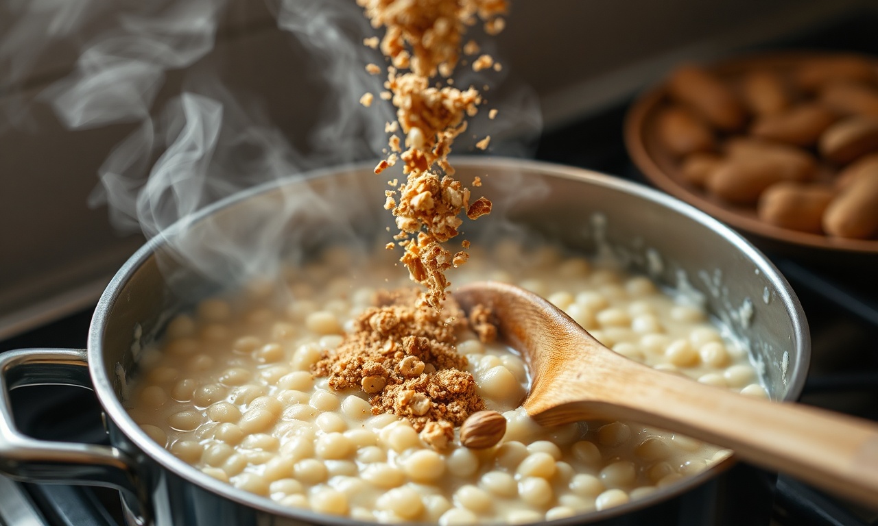 Canjica Fit De Paçoca: Cremosa, Com 6 Ingredientes E Sem Culpa 5 O momento de adicionar o amendoim moído à canjica quente e cremosa na panela.