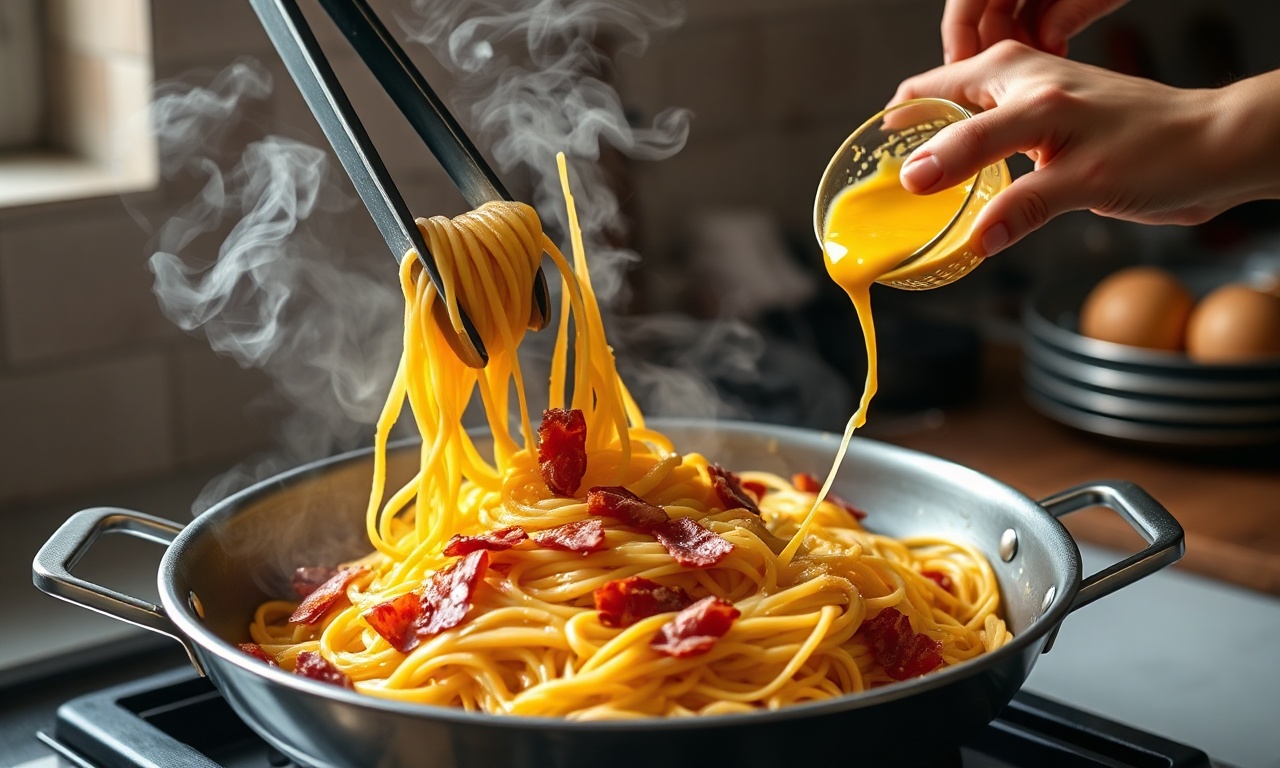 Macarrão quente sendo misturado com o creme de ovo e queijo fora do fogo.