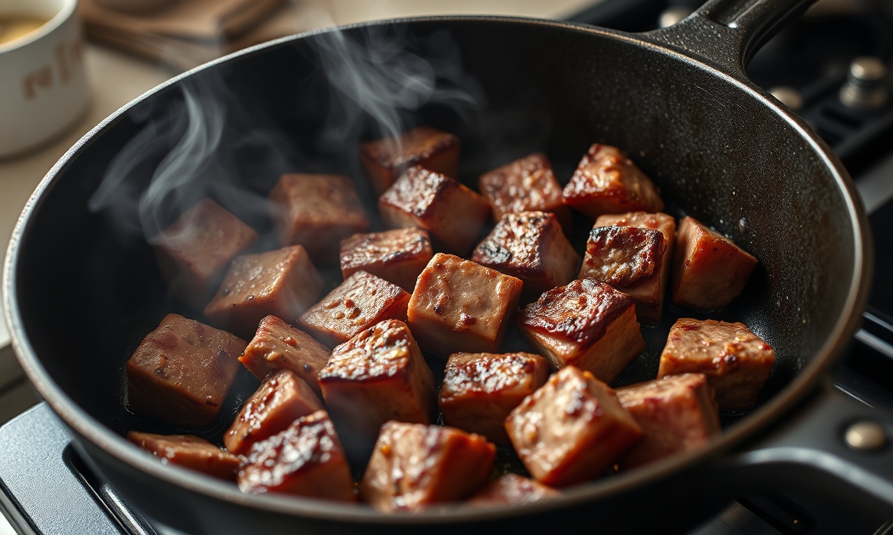 Selando os cubos de carne em uma panela de ferro quente.