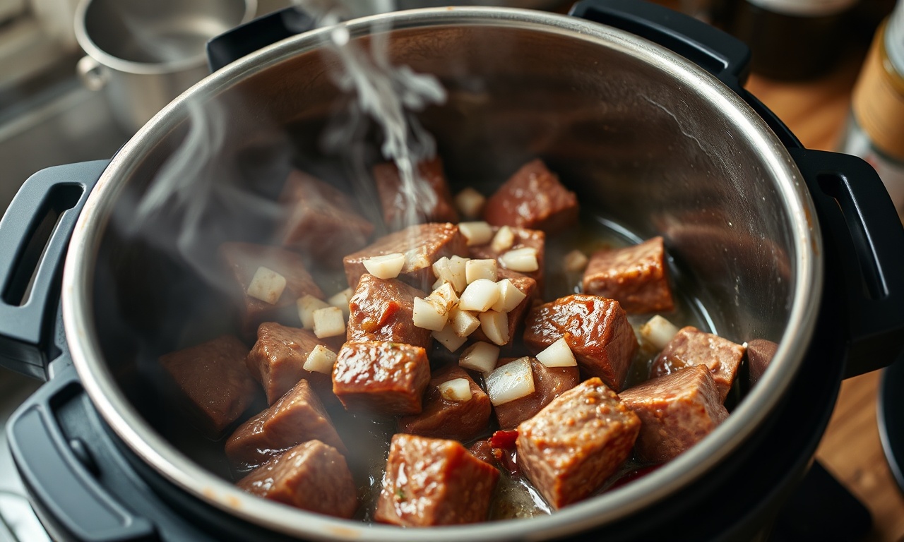 Selando os cubos de carne no azeite antes de adicionar os outros ingredientes.