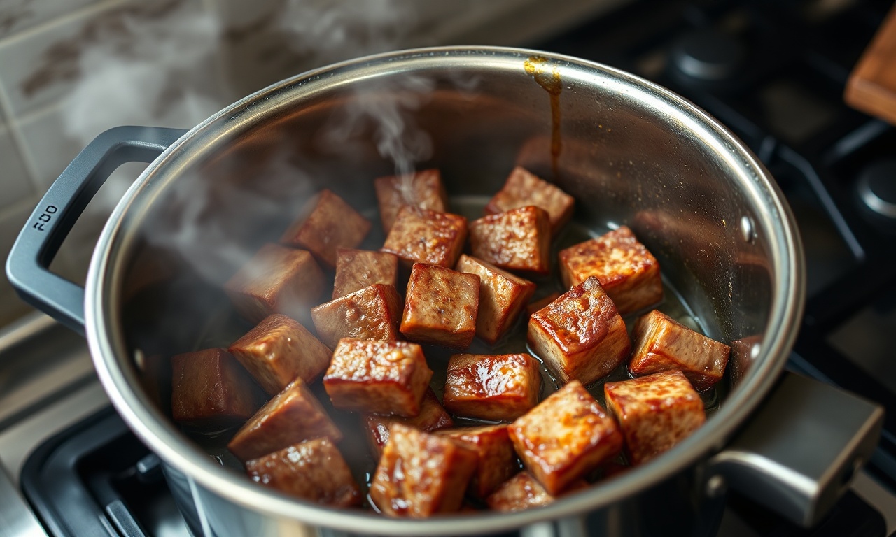 Selando os cubos de carne na panela de pressão para criar a crosta dourada.