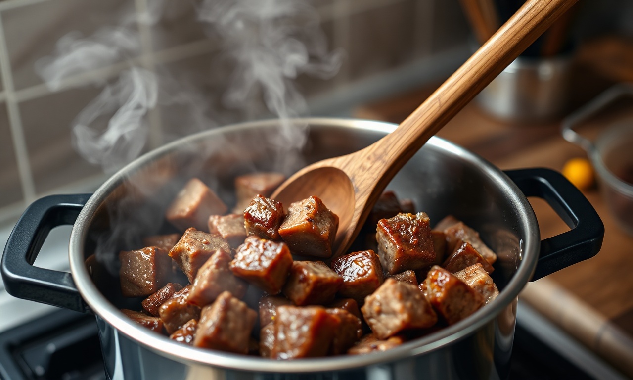 Selando os cubos de carne em uma panela de pressão.