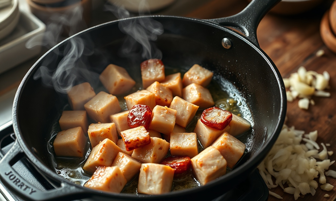 Carne De Porco Com Molho Shoyu: Fácil E Macia Em 45 Min 5 O momento em que os cubos de porco são selados na panela, criando uma crosta dourada.