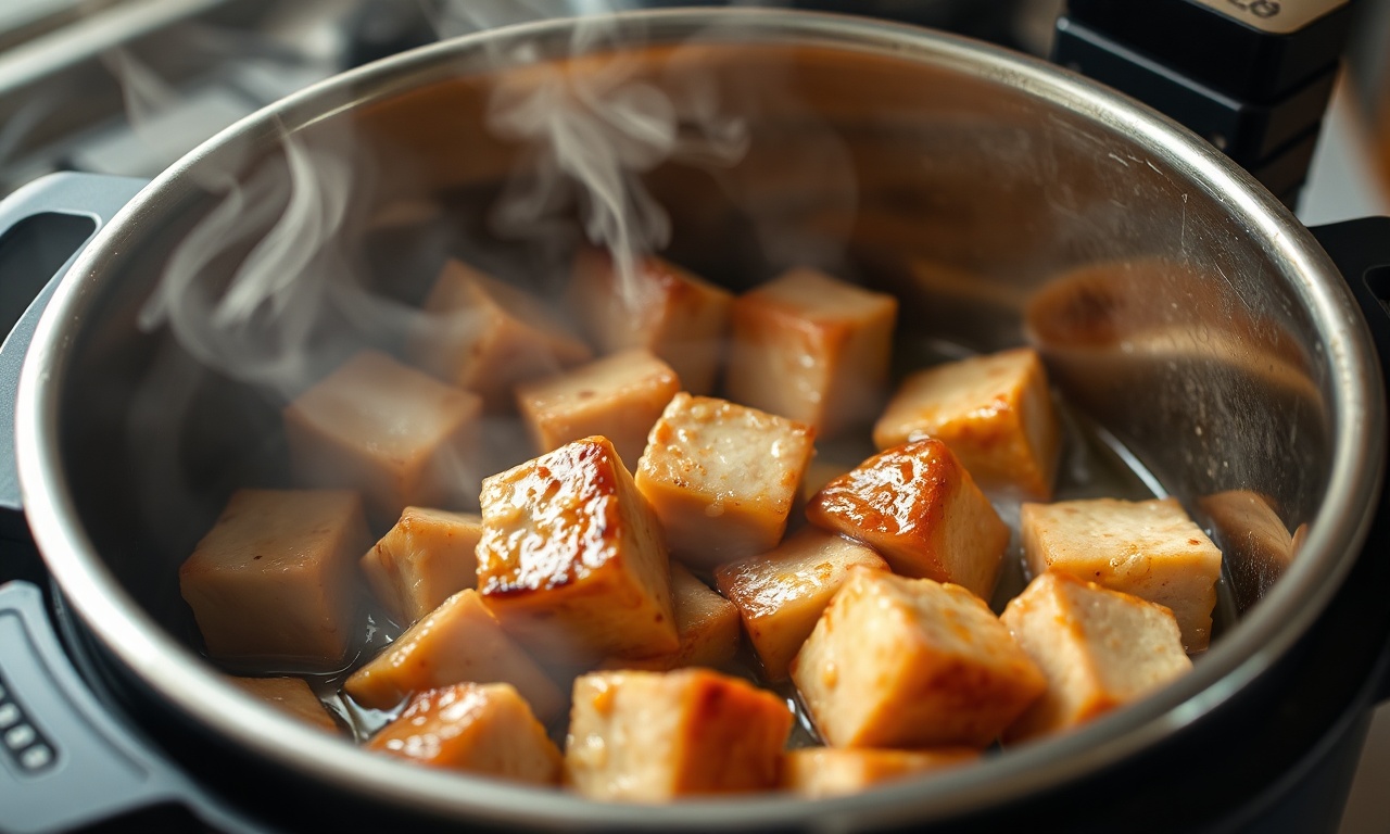 Carne De Porco Na Panela De Pressão: Macia Em 45 Min 5 O momento de selar os cubos de porco na panela quente, criando a crosta dourada.