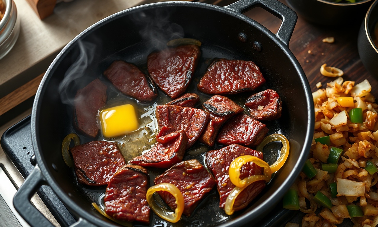 Carne de sol sendo dourada na panela com cebola refogada.