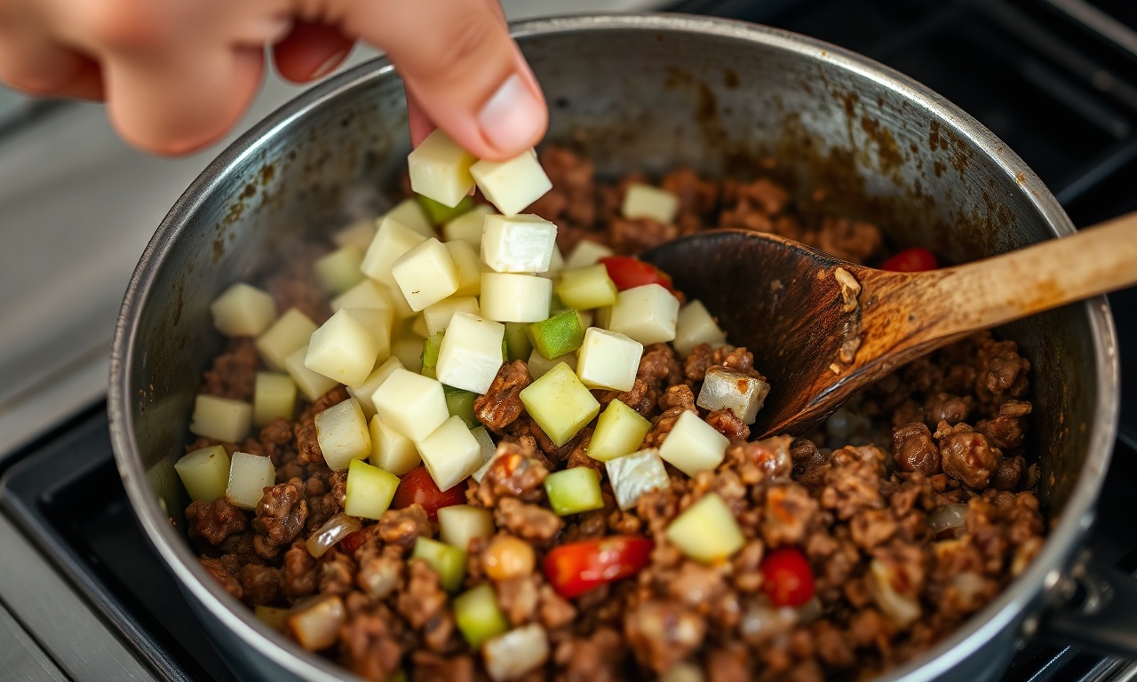 Carne Moída Com Chuchu Cremosa E Rápida Em 30 Minutos 5 O momento de adicionar o chuchu cru à panela com a carne.