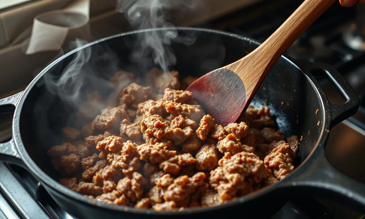 Selando a carne moída na frigideira para criar a crosta saborosa.