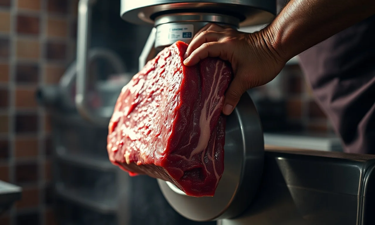O momento em que o açougueiro alimenta a máquina de moer com a peça de carne.