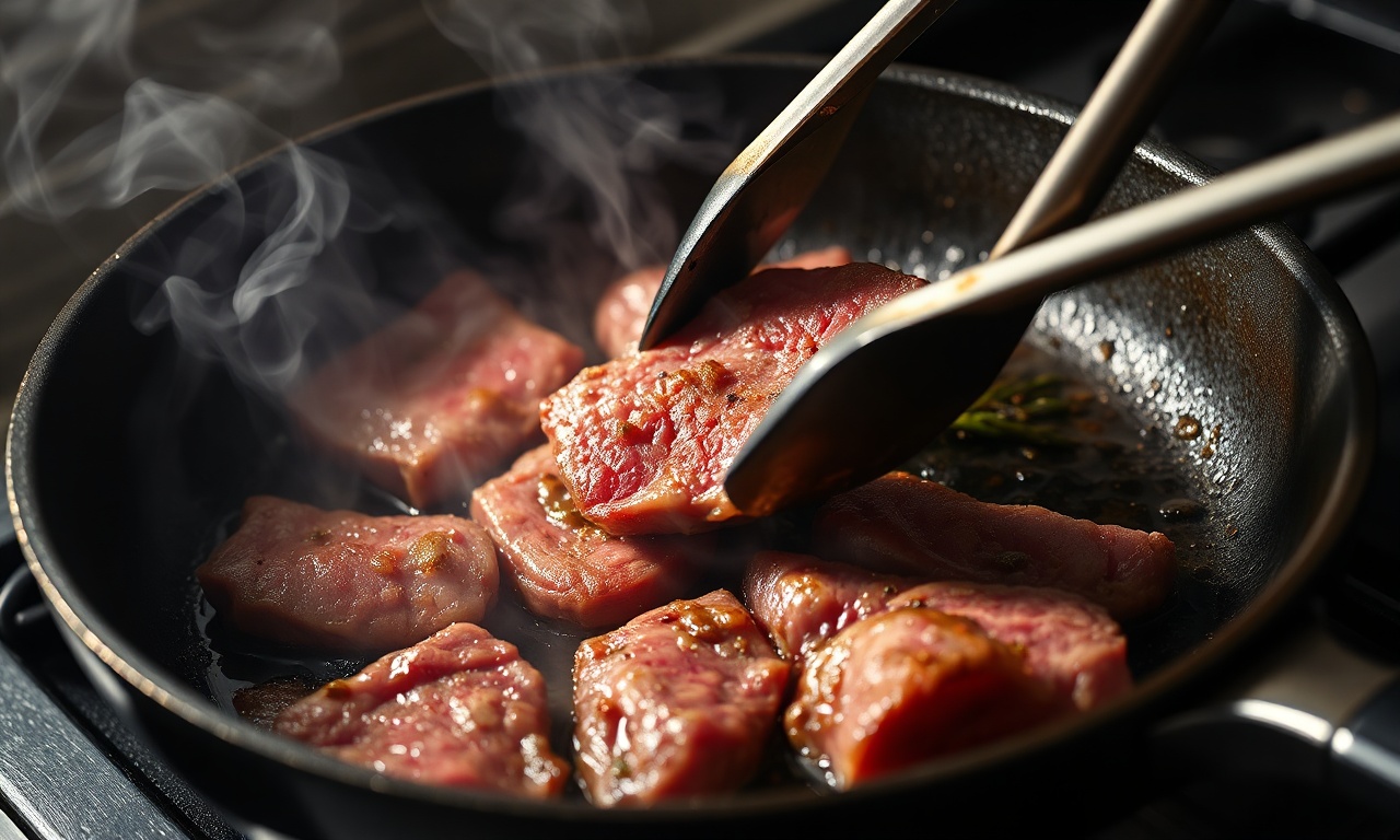 O momento da selagem da carne na frigideira quente