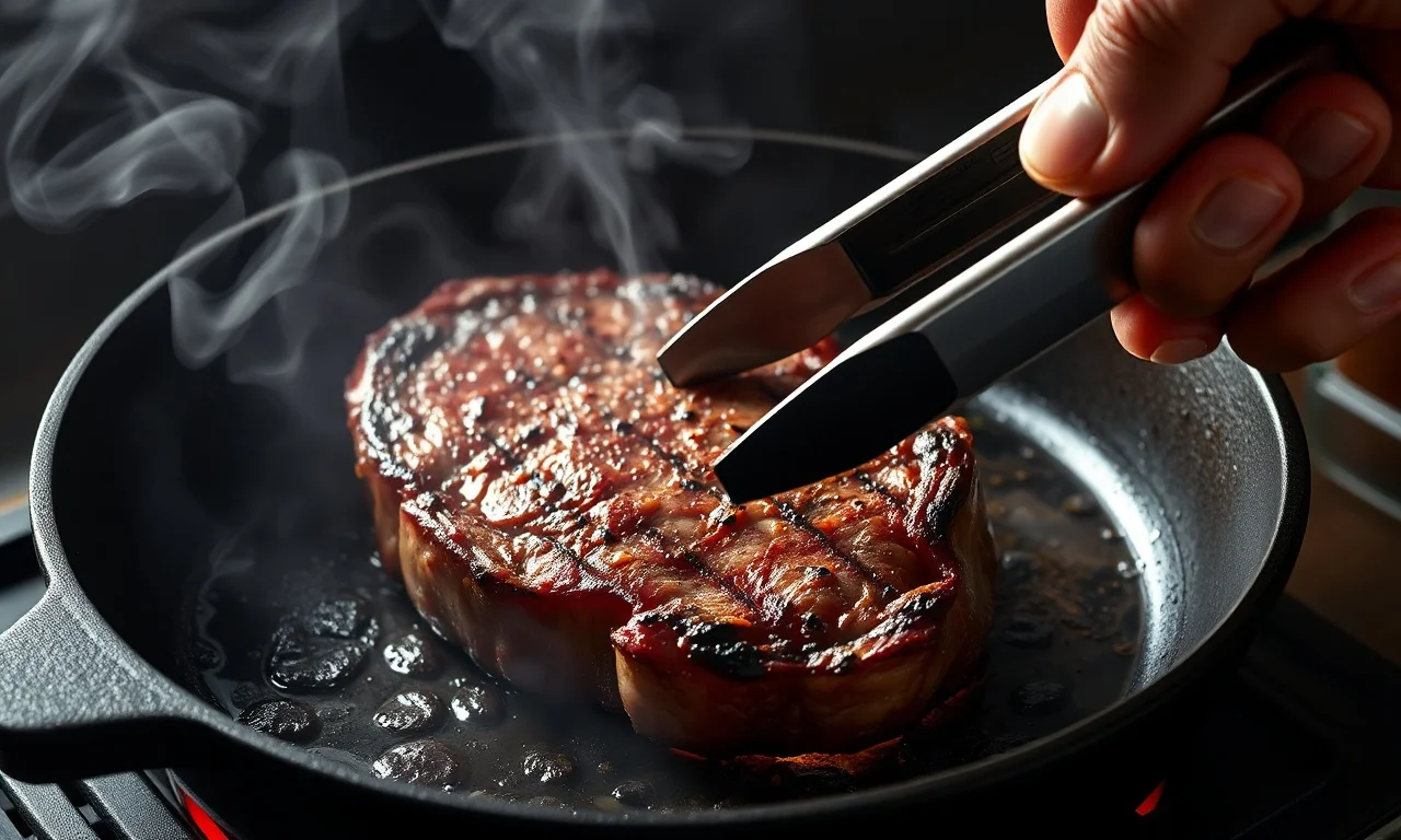Bife sendo selado na frigideira de ferro fumegante.