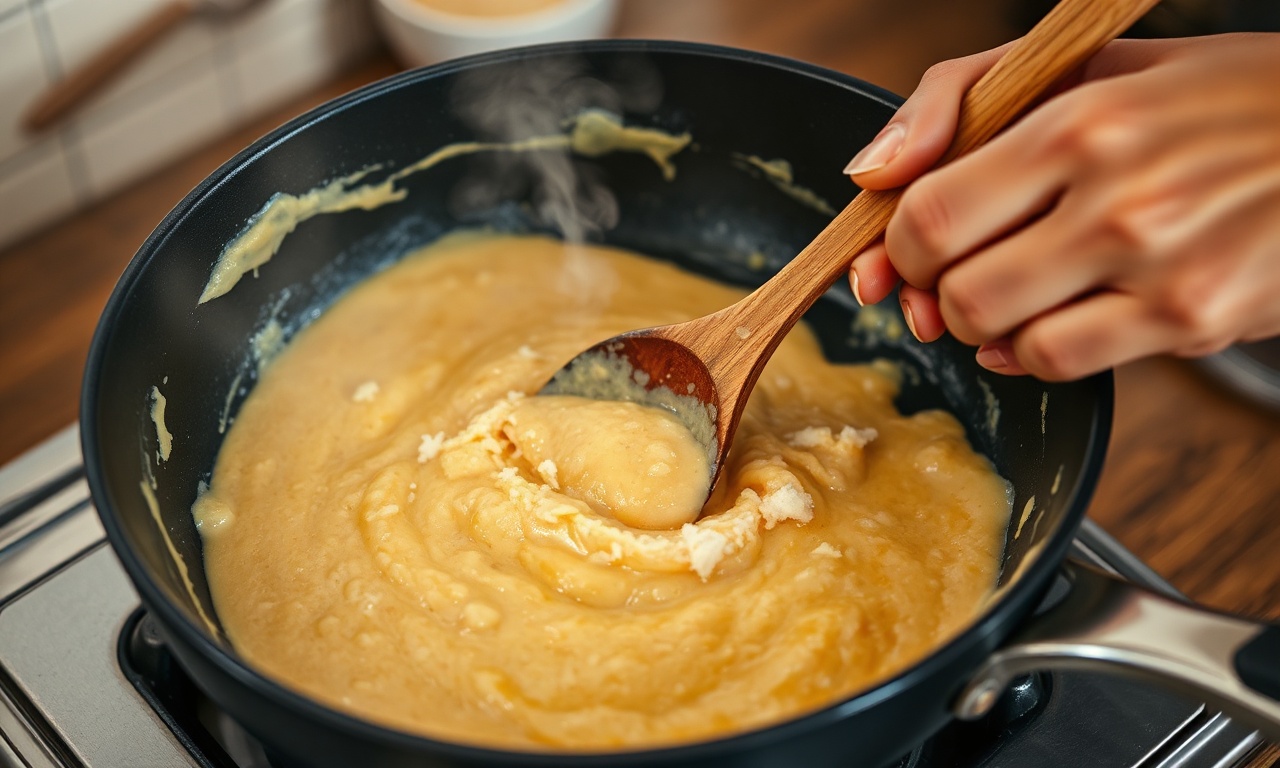 Cocada Cremosa Com Leite Condensado: Pronta Em 30 Min 5 Massa sendo mexida na panela com colher de madeira, engrossando e soltando das bordas