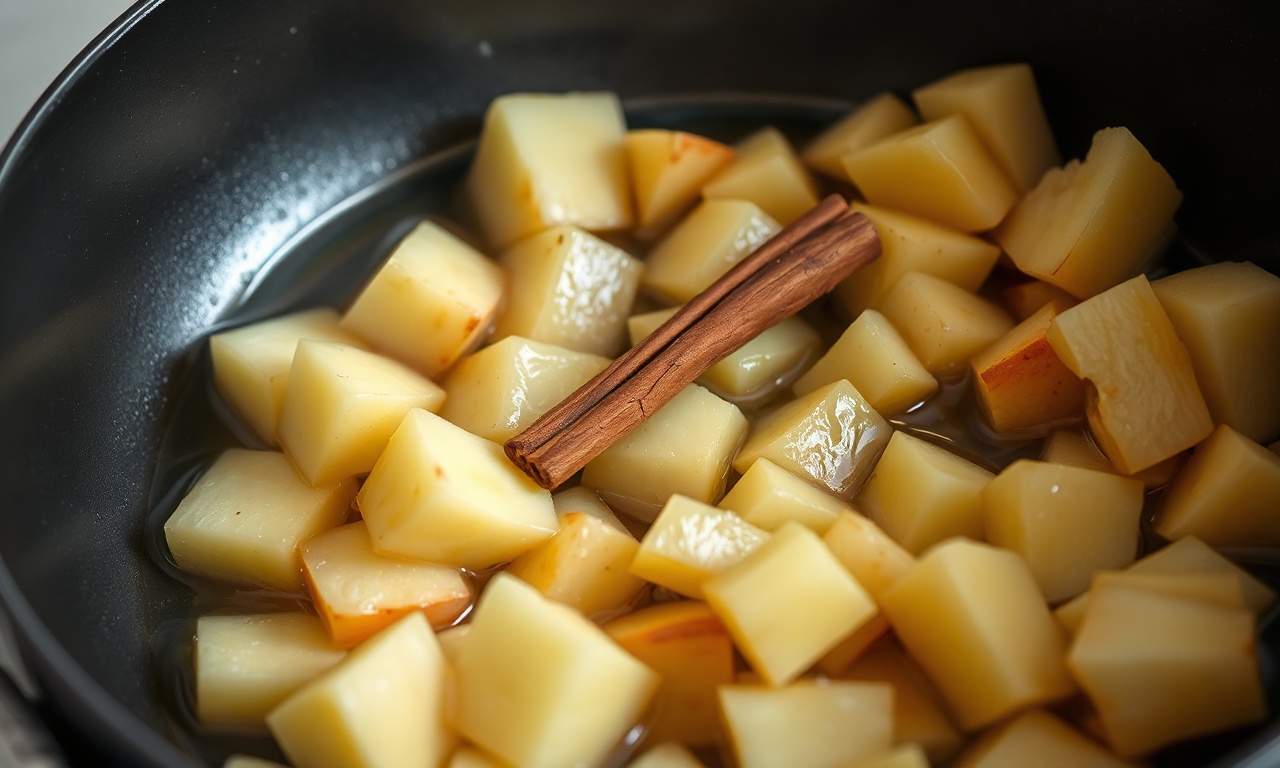 Maçãs em cubos cozinhando na panela com canela.