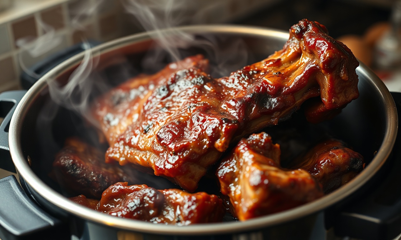 O momento em que a costela é selada na panela de pressão, dourando a carne.