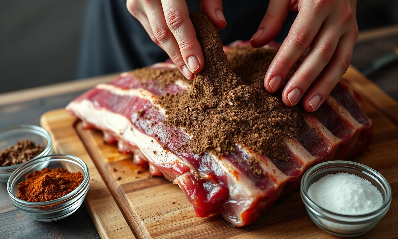 O momento de aplicar a marinada seca de café e especiarias na carne crua.
