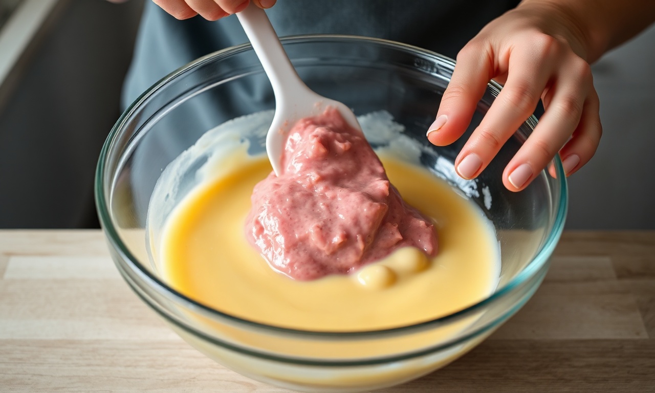 Misturando o creme de gemas com a polpa de goiaba cozida e resfriada.