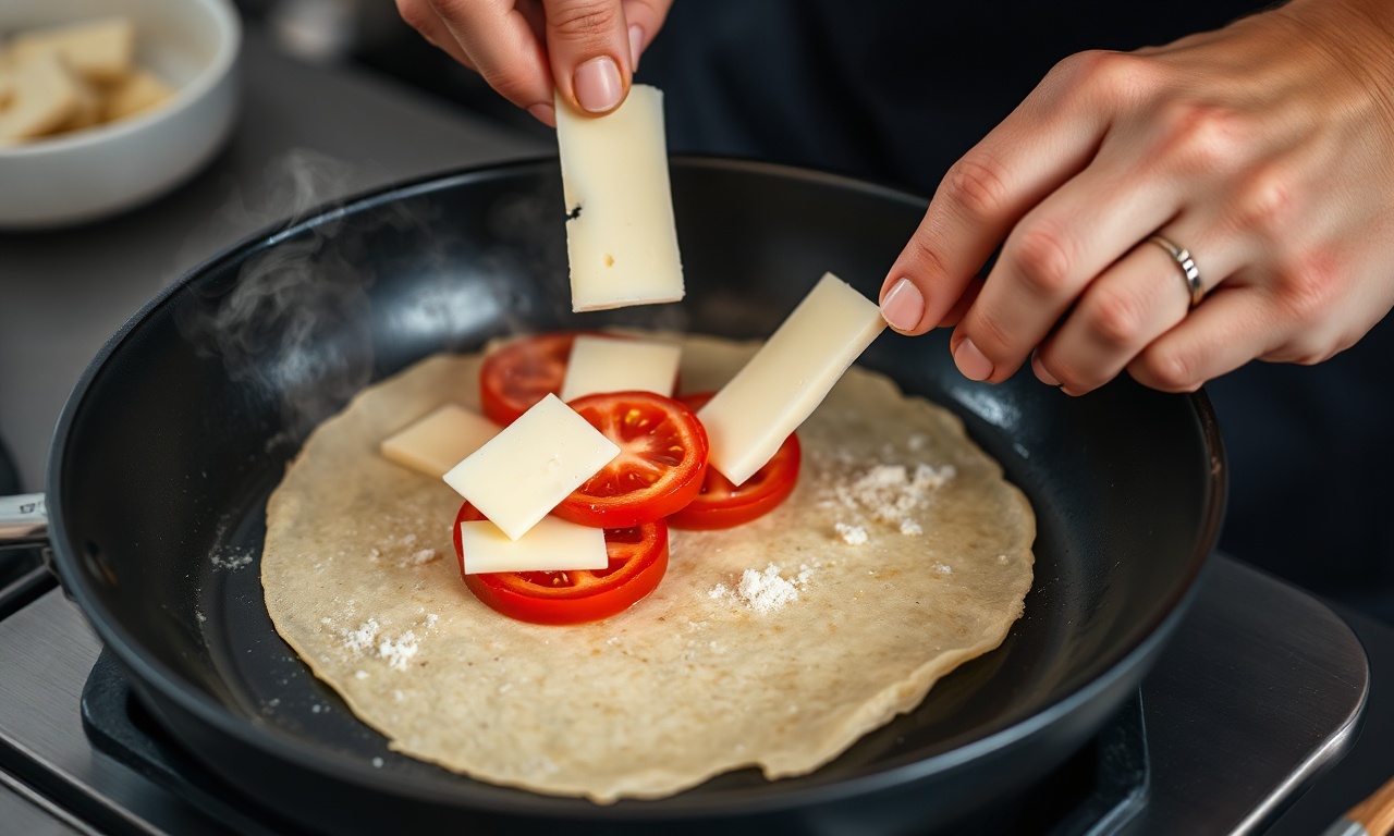 O momento de adicionar o recheio de queijo e tomate sobre a massa já virada na frigideira quente.