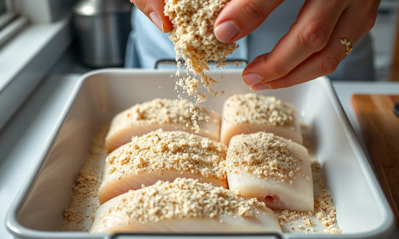 Pescada Amarela No Forno Crocante E Suculenta Em 30 Min 5 Distribuindo a mistura de farinha de rosca sobre os filés crus.
