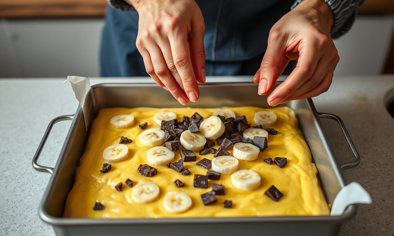 Distribuindo bananas fatiadas e pedaços de chocolate sobre a massa na forma