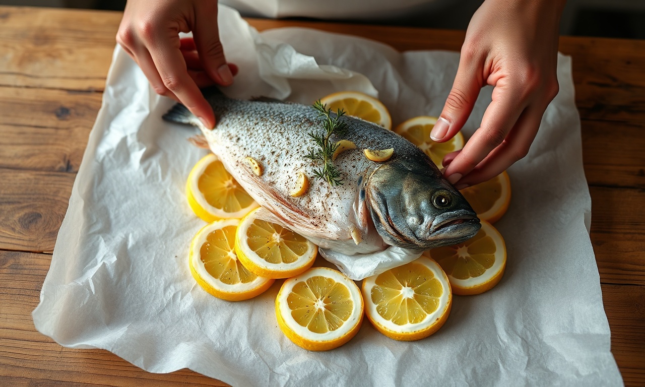 O momento de montar o pacote de papel-manteiga com o peixe e os aromáticos.