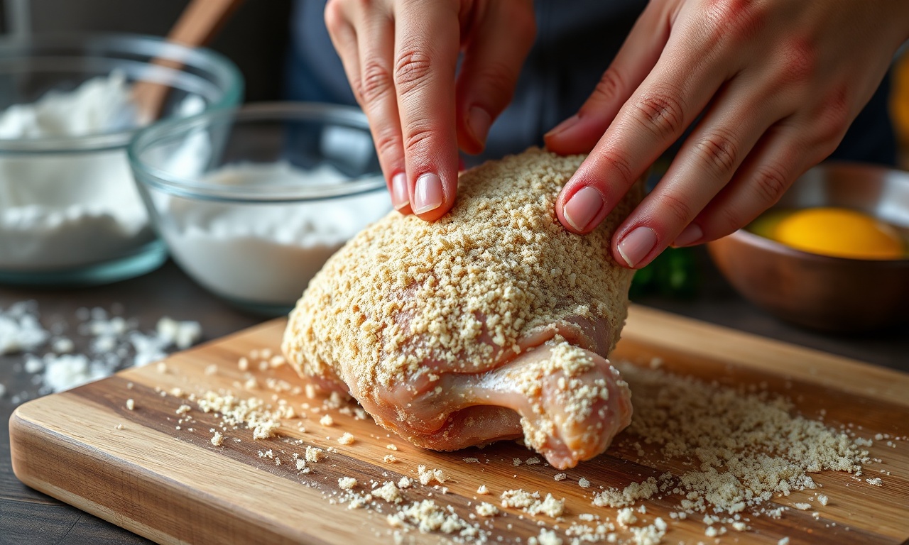 Coxa De Frango Empanada Crocante: Receita Fácil Em 50 Min 5 Mãos empanando coxa de frango na farinha panko
