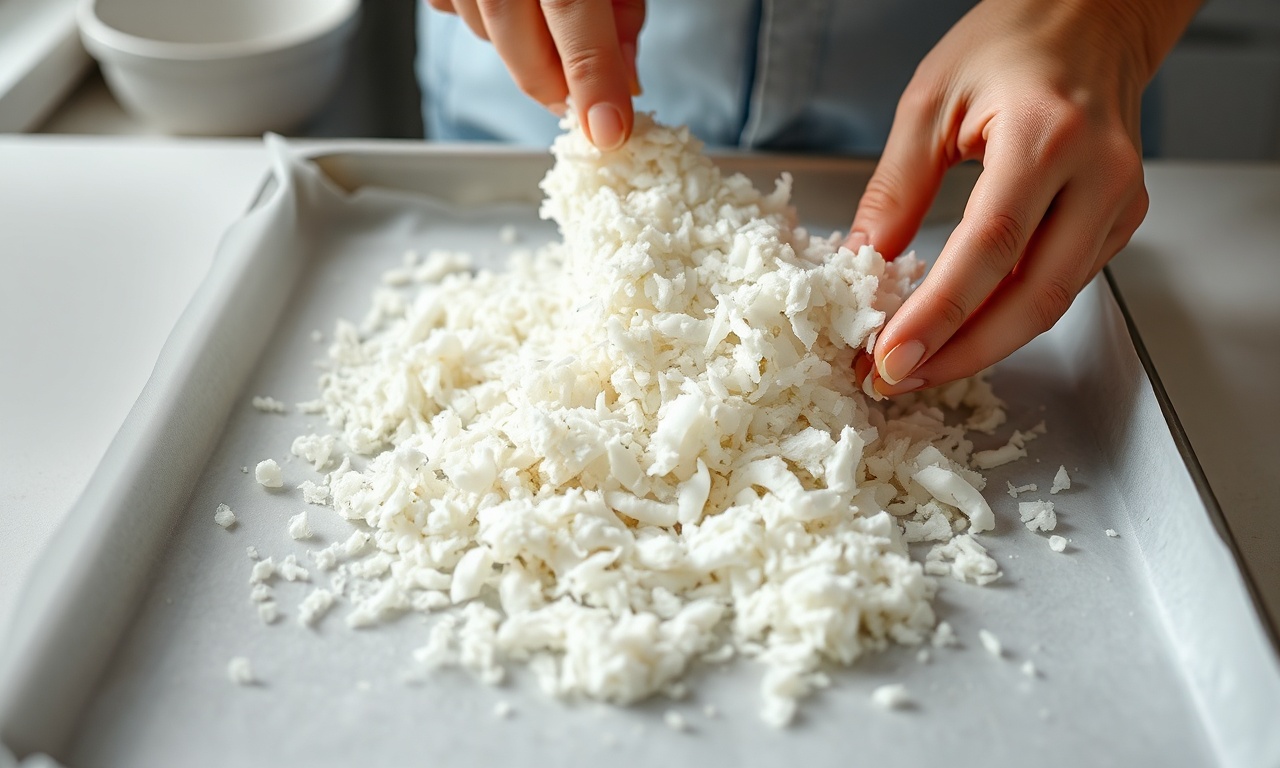 Farinha De Coco Caseira Em 45 Min: Simples E Econômica 5 A polpa de coco espremida sendo espalhada na assadeira antes de ir ao forno.