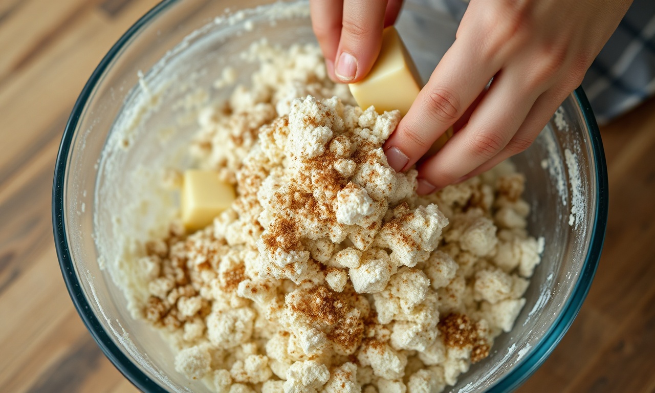 Pão Cuca De Padaria: Fofinho Com Farofa Crocante 5 Mão amassando os ingredientes da farofa até formar migalhas.