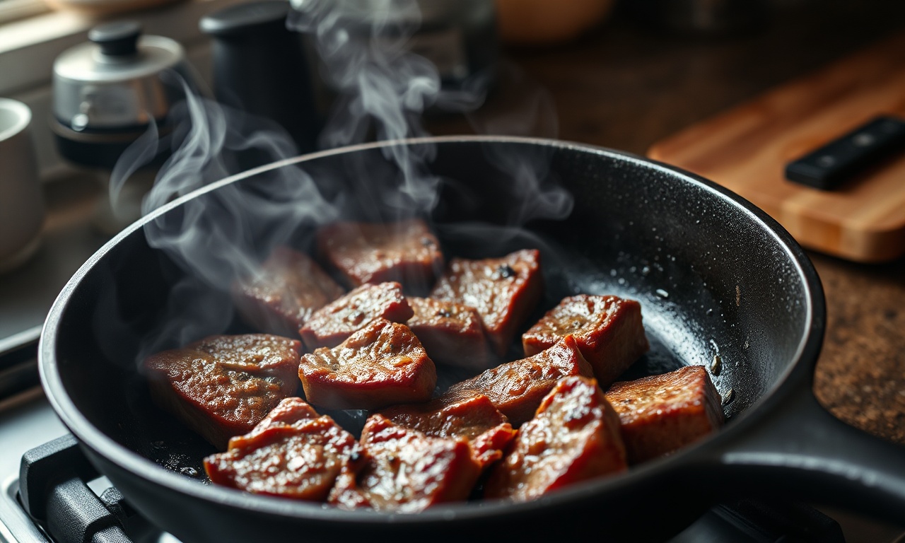 O momento em que a carne é selada na frigideira quente.