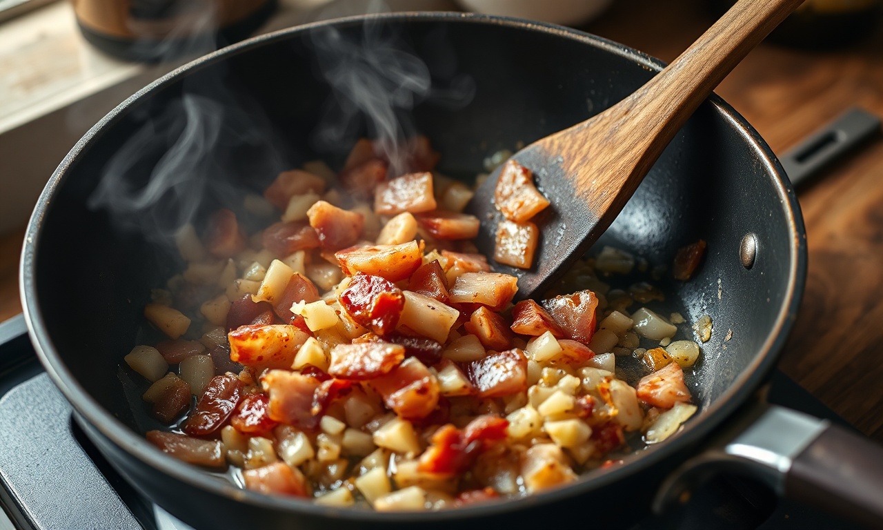 Refogando o bacon, alho e cebola para o tempero final