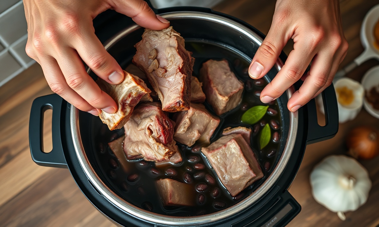 Momento de adicionar as carnes dessalgadas ao feijão na panela de pressão