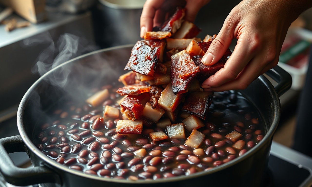 O momento de adicionar as carnes e o feijão na panela grande para iniciar o cozimento lento.