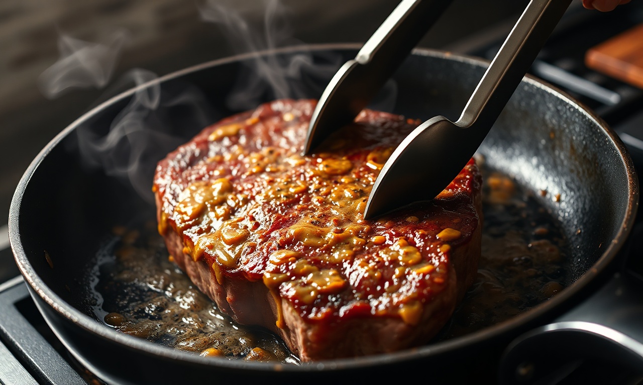O momento de selar a carne na frigideira.
