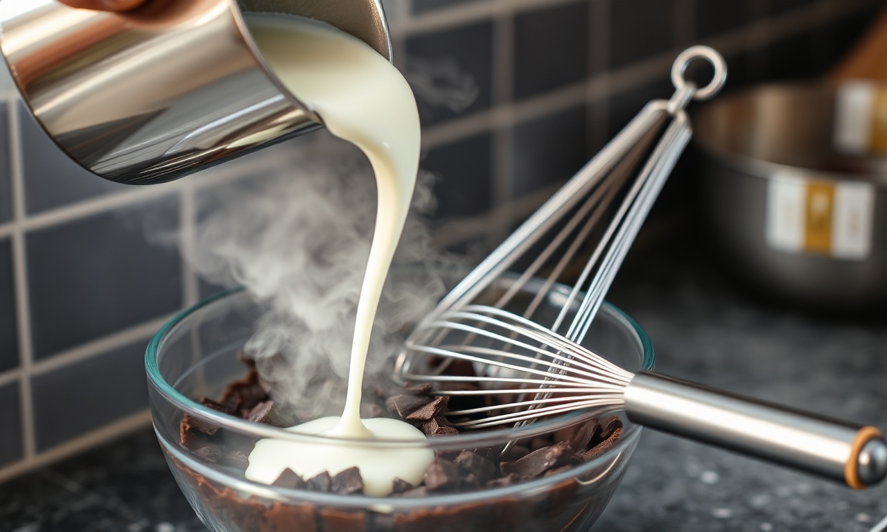 O momento de despejar o creme quente sobre o chocolate picado para formar a ganache.